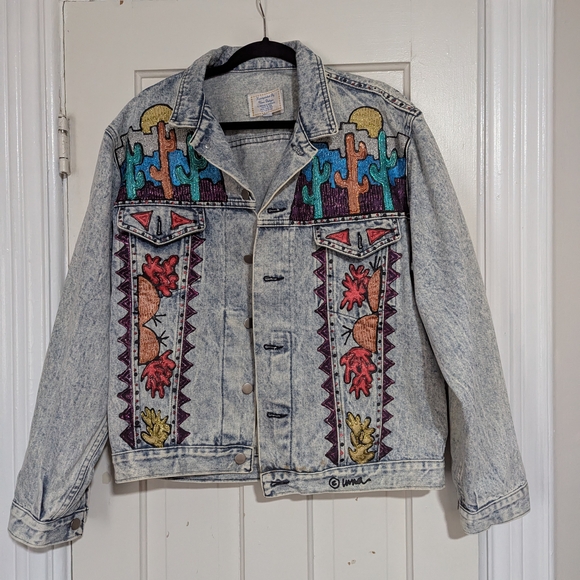 Beautiful Vintage Handpainted By Uma Denim Jacket With Desert Design. - Picture 3 of 9